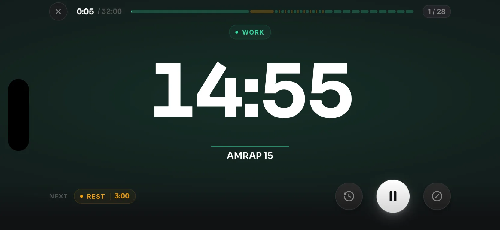 MetconMate turned sideways, showing 14:55 on a full-screen clock