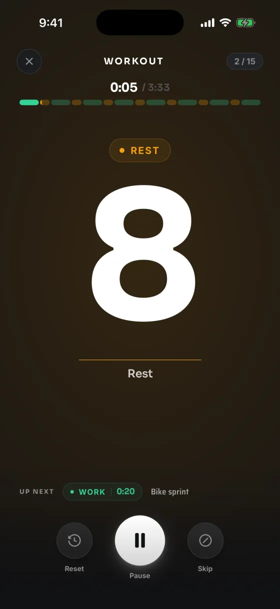 A Tabata rest interval on MetconMate, 8 seconds left, in amber