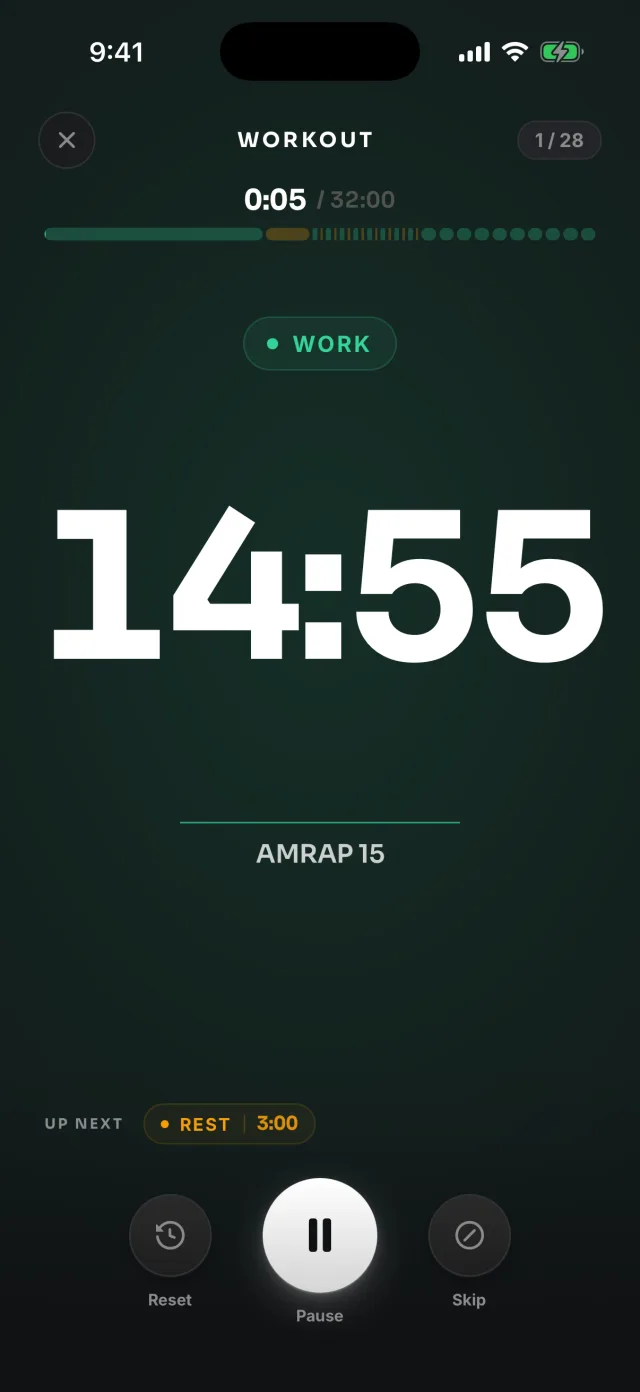 MetconMate running an AMRAP 15 with 14:55 left on a huge clock